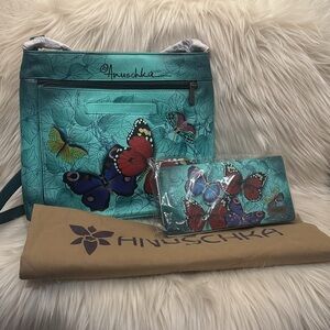 Anuschka Hand-Painted Leather Crossbody Bag Matching Wallet Butterfly Beauty